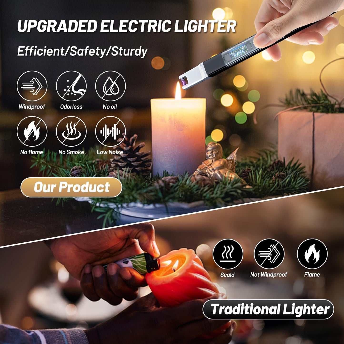 Windproof Flameless Electric Candle Lighter with Transparent Panels, USB-C Fast Charging, and Metal Hook for Camping, BBQ, and Festivals (Black)